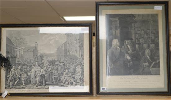 After Hogarth, engraving, The March of The Guards towards Scotland 1745, 46 x 60cm and The House of Commons 55 x 41cm